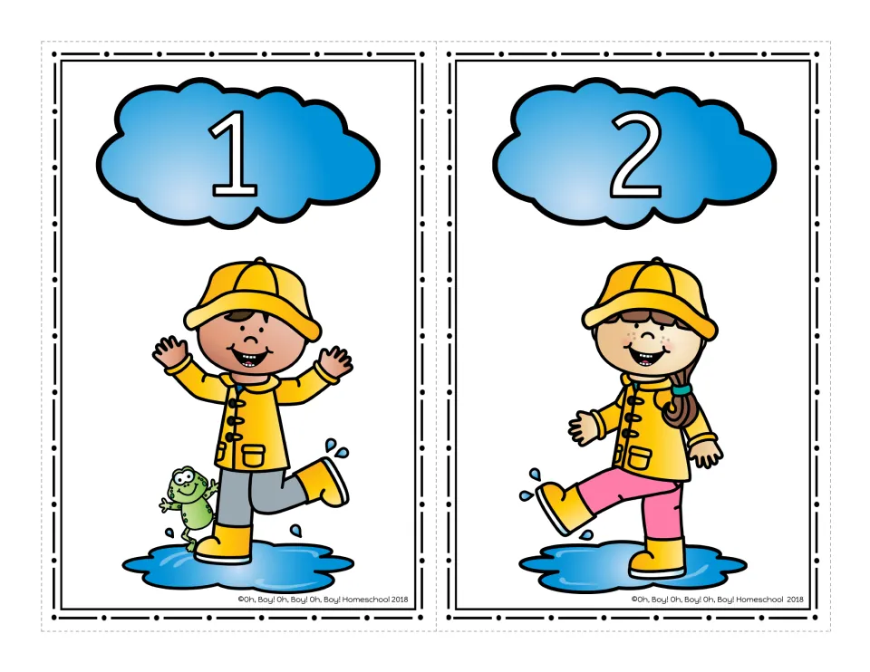 Number cards 1 and 2: each numeral sits in a blue rain cloud above a child in a yellow raincoat splashing in a puddle