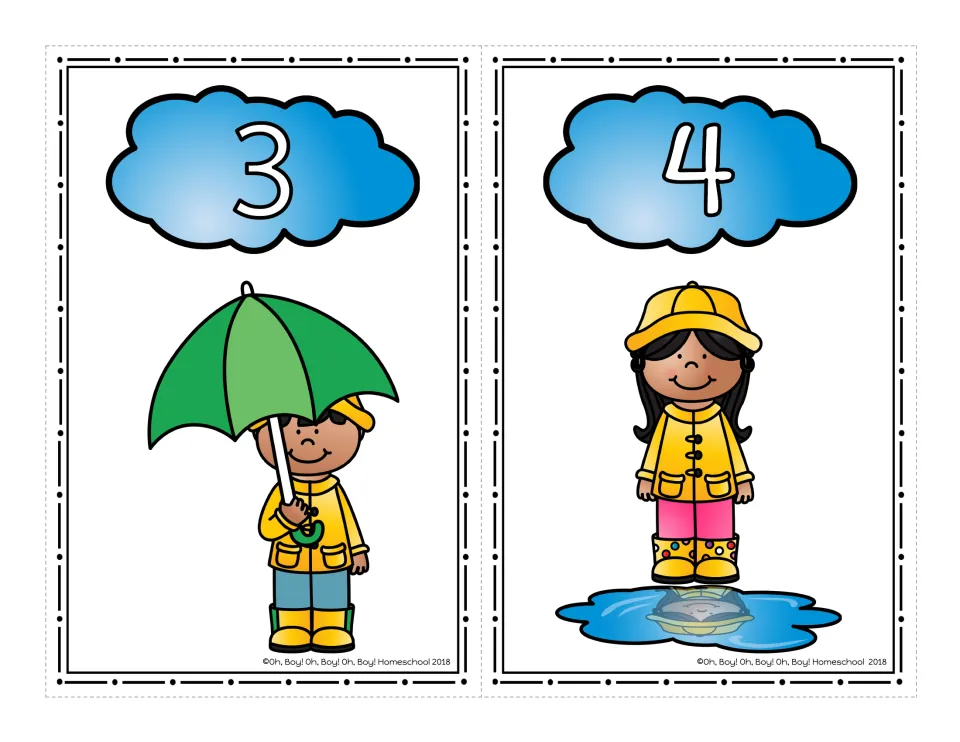 Number cards 3 and 4: cloud numerals over a boy under a green umbrella and a girl in polka-dot boots by a puddle