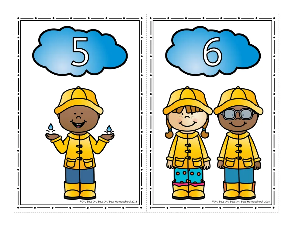 Number cards 5 and 6: cloud numerals above a boy catching raindrops in his hands and two children in yellow raincoats