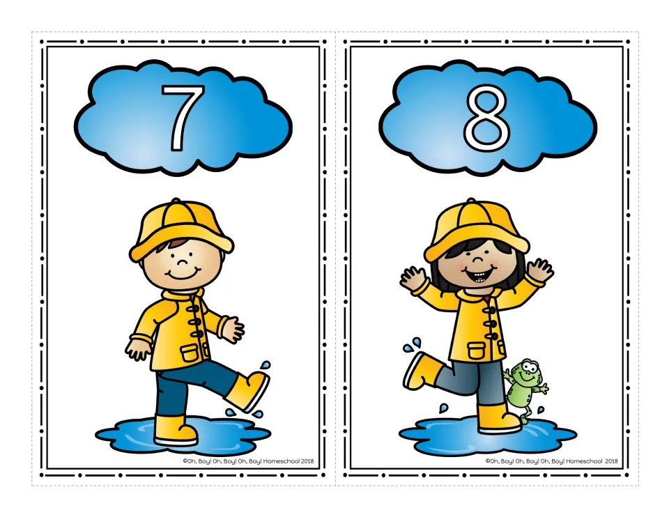 Number cards 7 and 8: cloud numerals above a boy kicking through a puddle and a waving girl splashing beside a frog