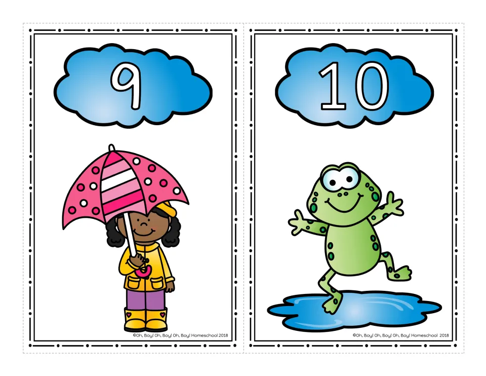Number cards 9 and 10: cloud numerals above a girl under a pink polka-dot umbrella and a green frog leaping off a puddle
