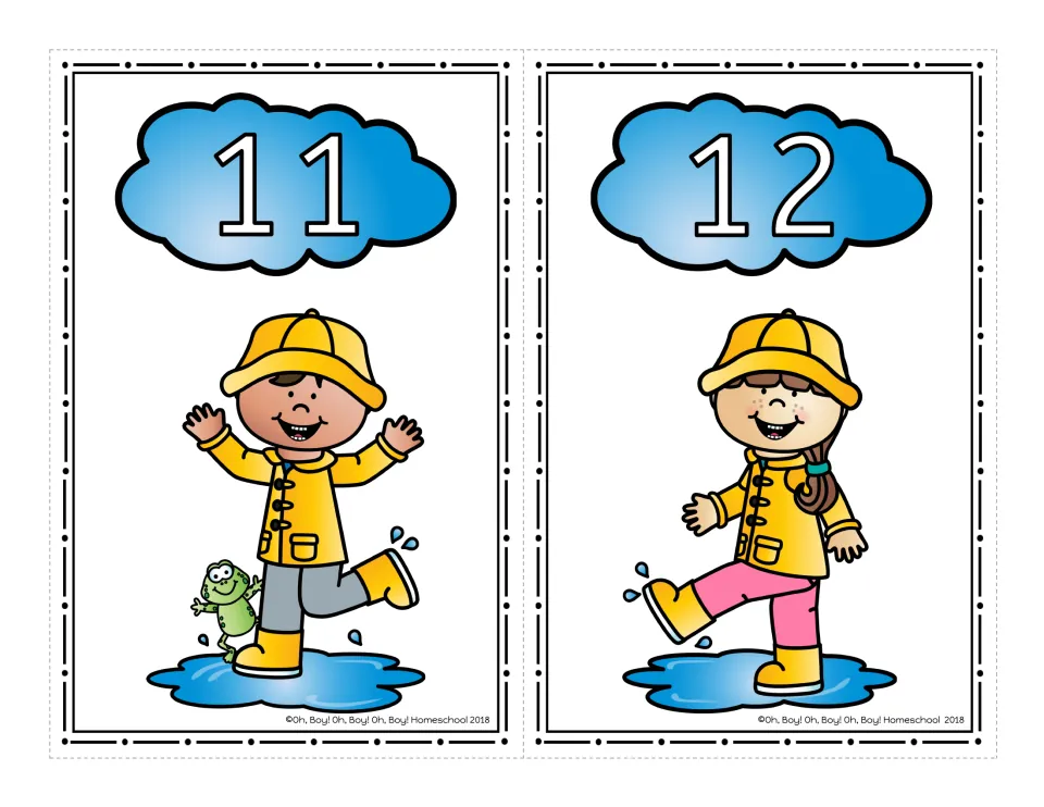 Teen number cards 11 and 12: cloud numerals reuse the splashing boy with a frog and the kicking girl from cards 1 and 2