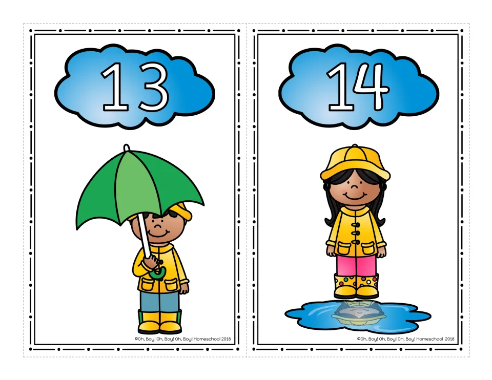 Teen number cards 13 and 14: cloud numerals over the green-umbrella boy and the girl standing beside a puddle