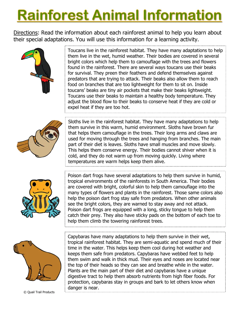 Rainforest Animal Information: students read about toucan, sloth, poison dart frog and capybara adaptations for later use