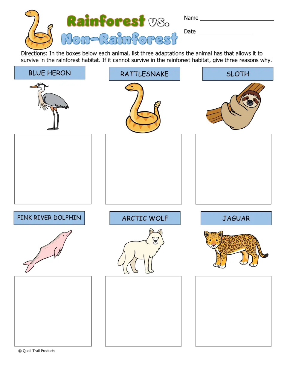 Rainforest vs. Non-Rainforest: students explain with three adaptations or three reasons whether each of six animals fits