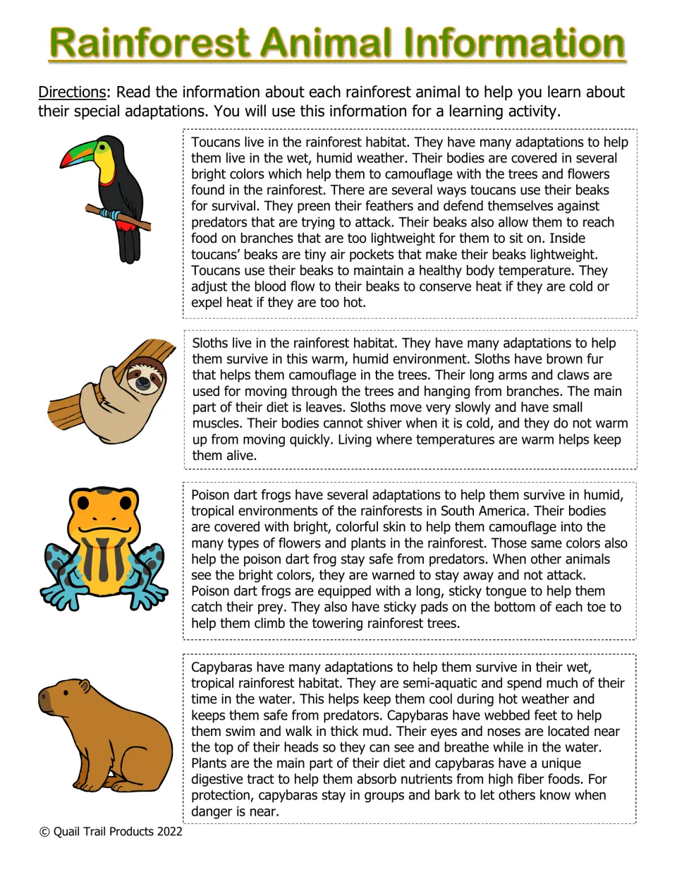 Rainforest Animal Information: students read passages on toucan, sloth, poison dart frog and capybara survival adaptations