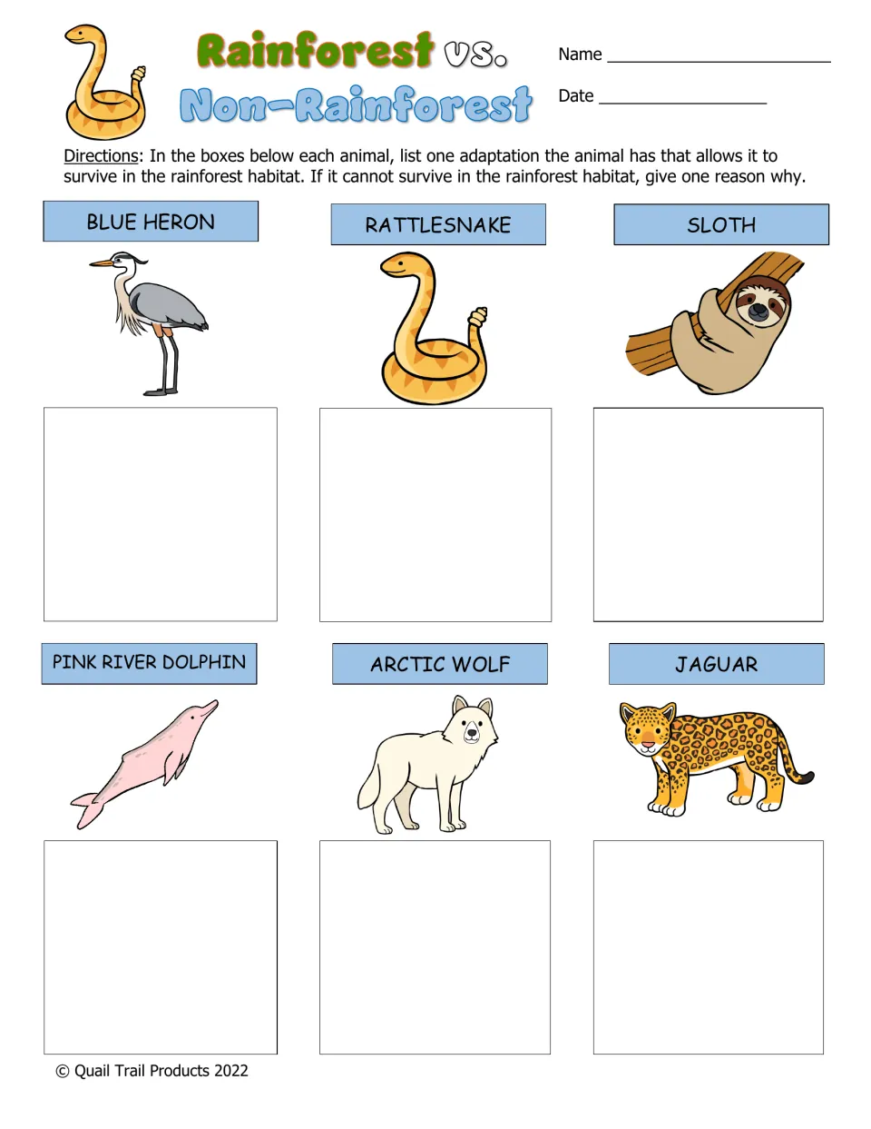 Rainforest vs. Non-Rainforest: students give one adaptation, or one reason an animal can't live there, for six animals