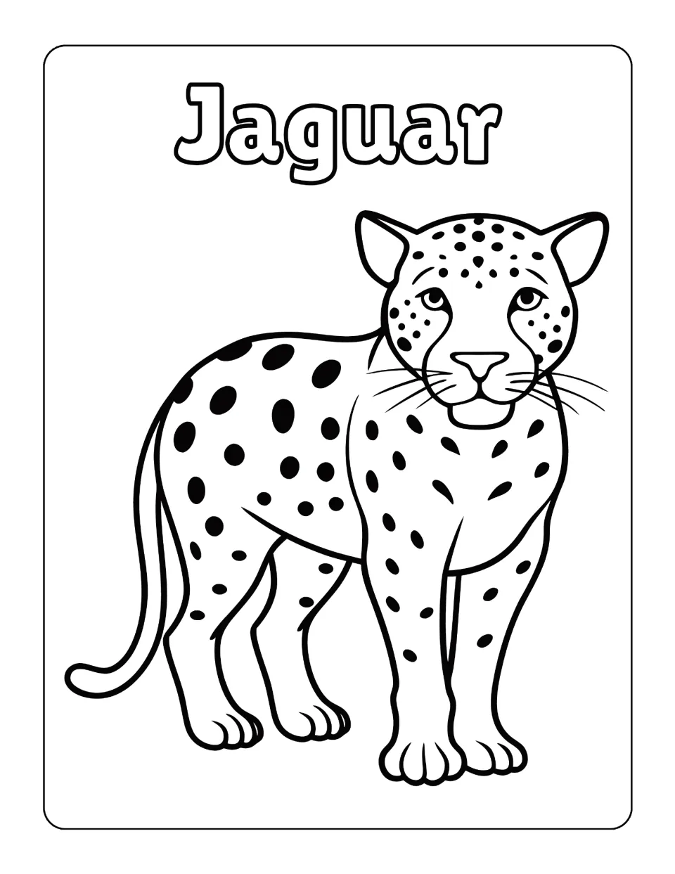 Jaguar: students color a standing spotted jaguar facing forward and fill in the outlined bubble-letter animal name above it
