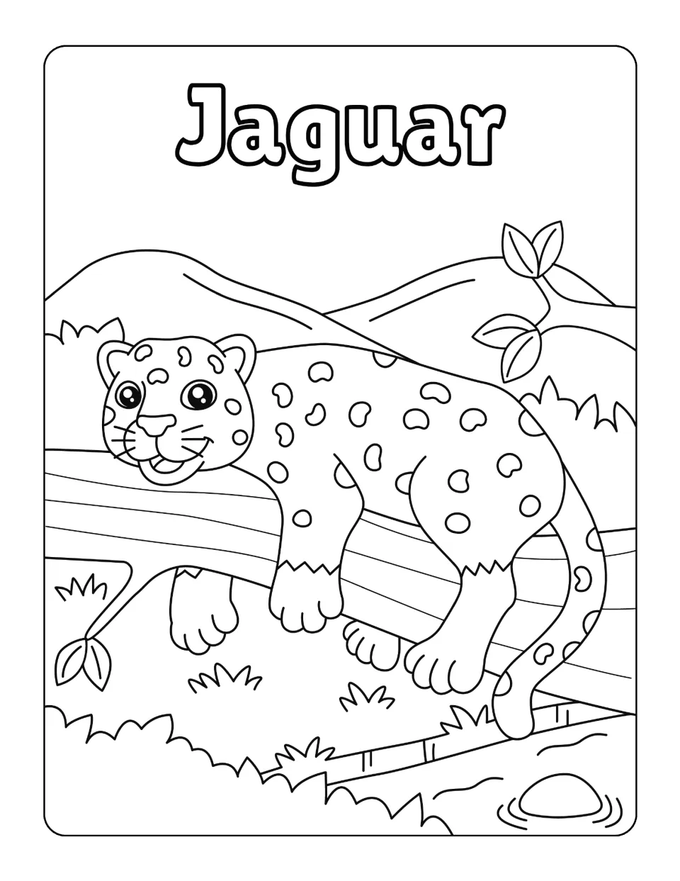 Jaguar scene: students color a smiling jaguar resting on a tree branch above grass, a pond and rolling hills