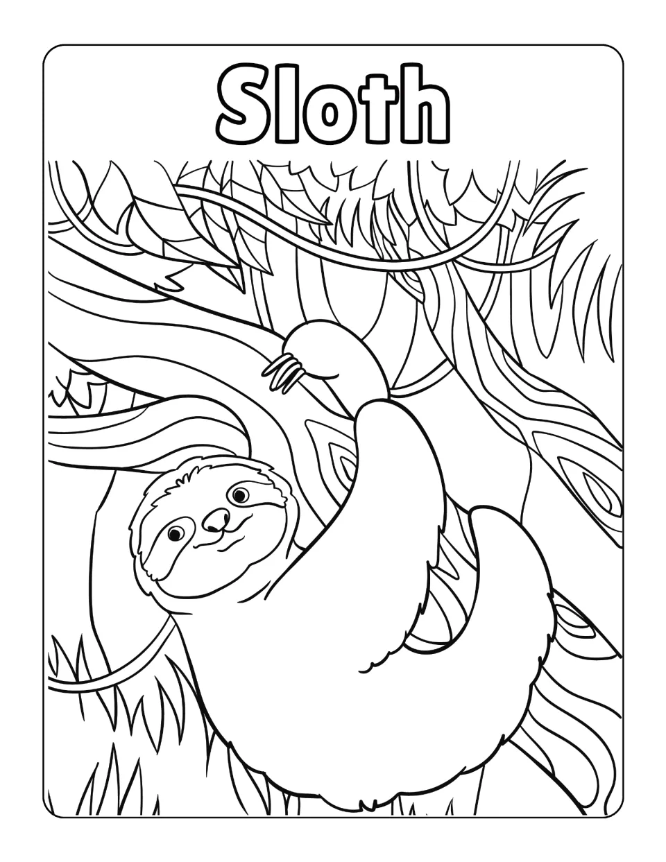 Sloth in the canopy: students color a sloth clinging to a branch surrounded by vines, leaves and trees under its name