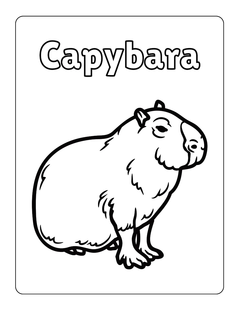 Capybara: students color a large capybara standing in profile and fill in the bubble-letter name Capybara above it