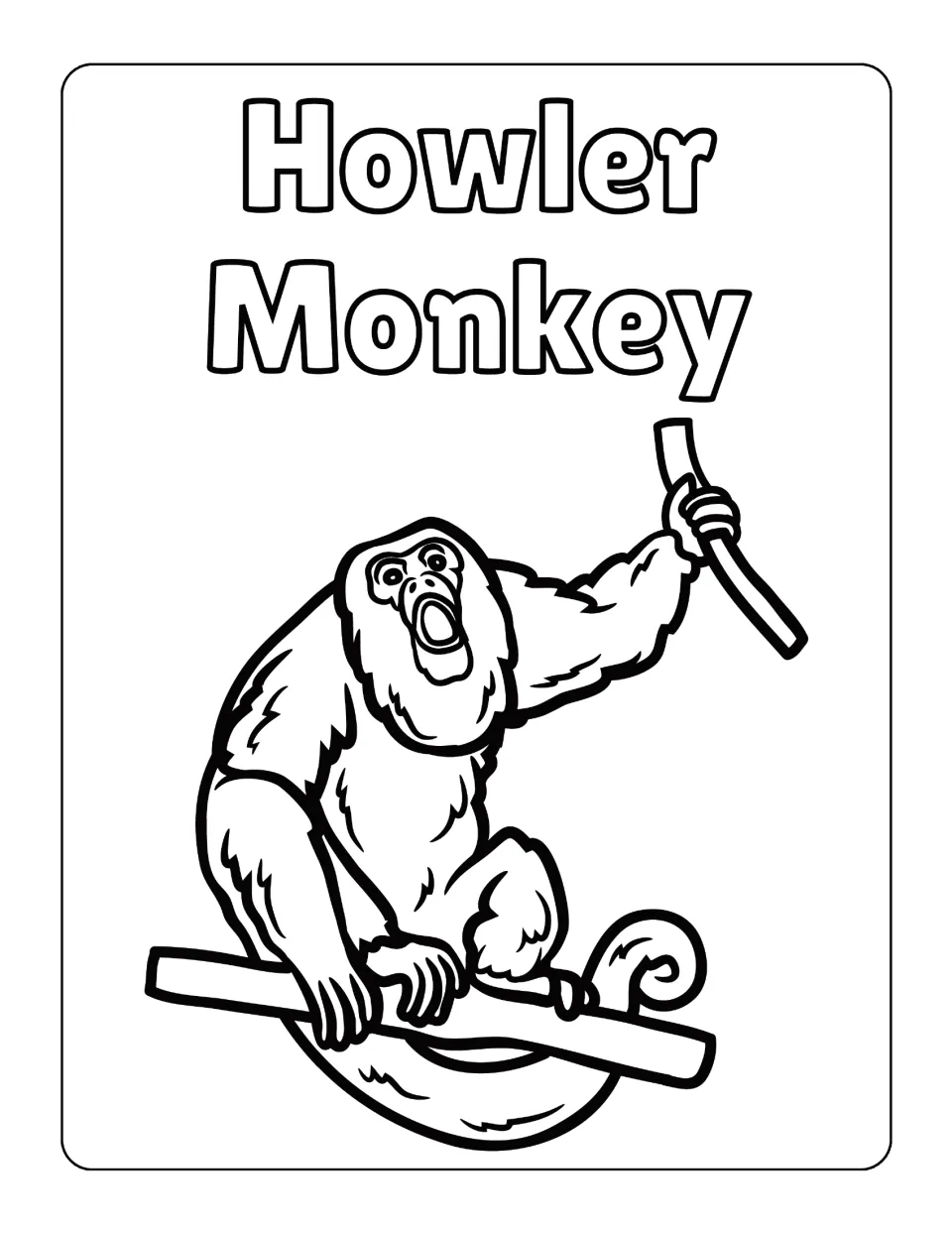 Howler monkey: students color a monkey with its mouth open wide, sitting on a branch and gripping a vine overhead