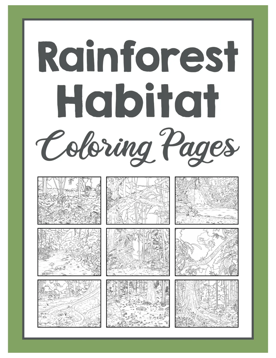 Rainforest Habitat Coloring Pages cover showing nine small previews of the jungle line-art scenes inside