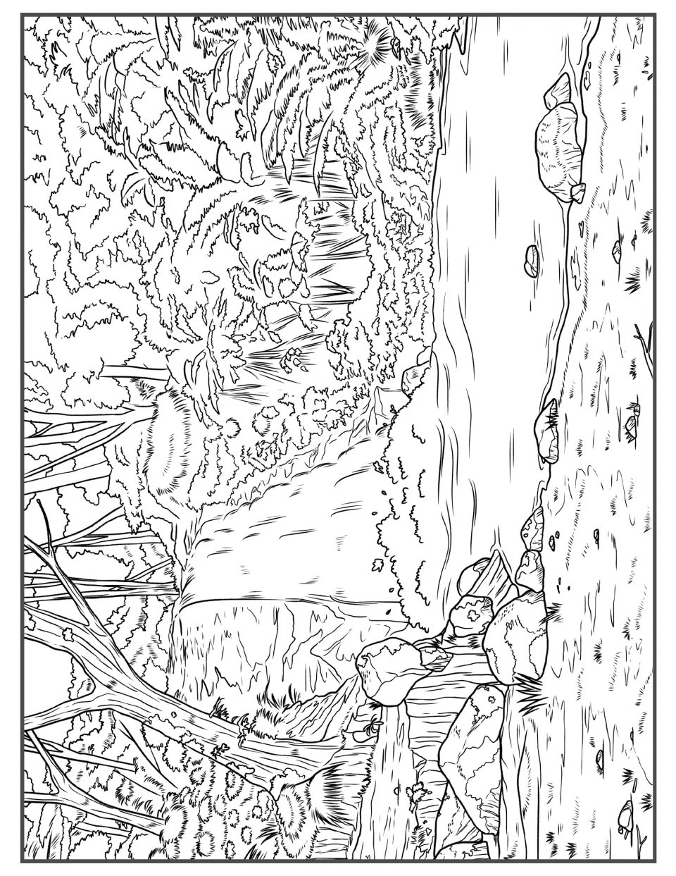 Waterfall coloring page: water spills over a rocky ledge into a jungle pool edged with boulders, trees and ferns