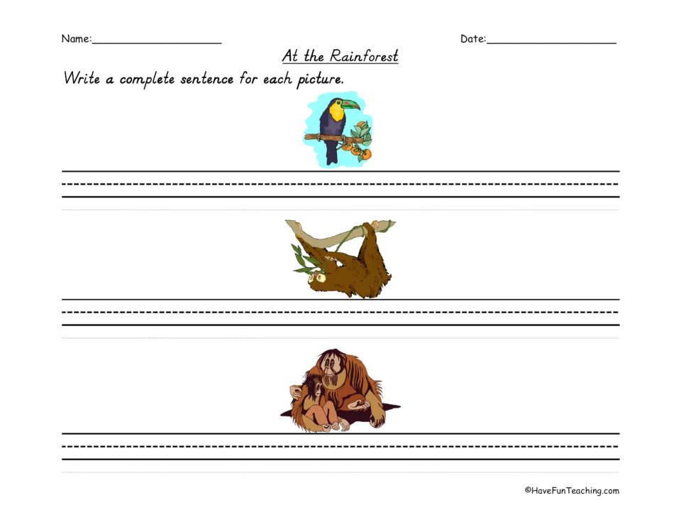 Sentence-writing worksheet: write a complete sentence for each picture of a toucan, sloth, and orangutans.