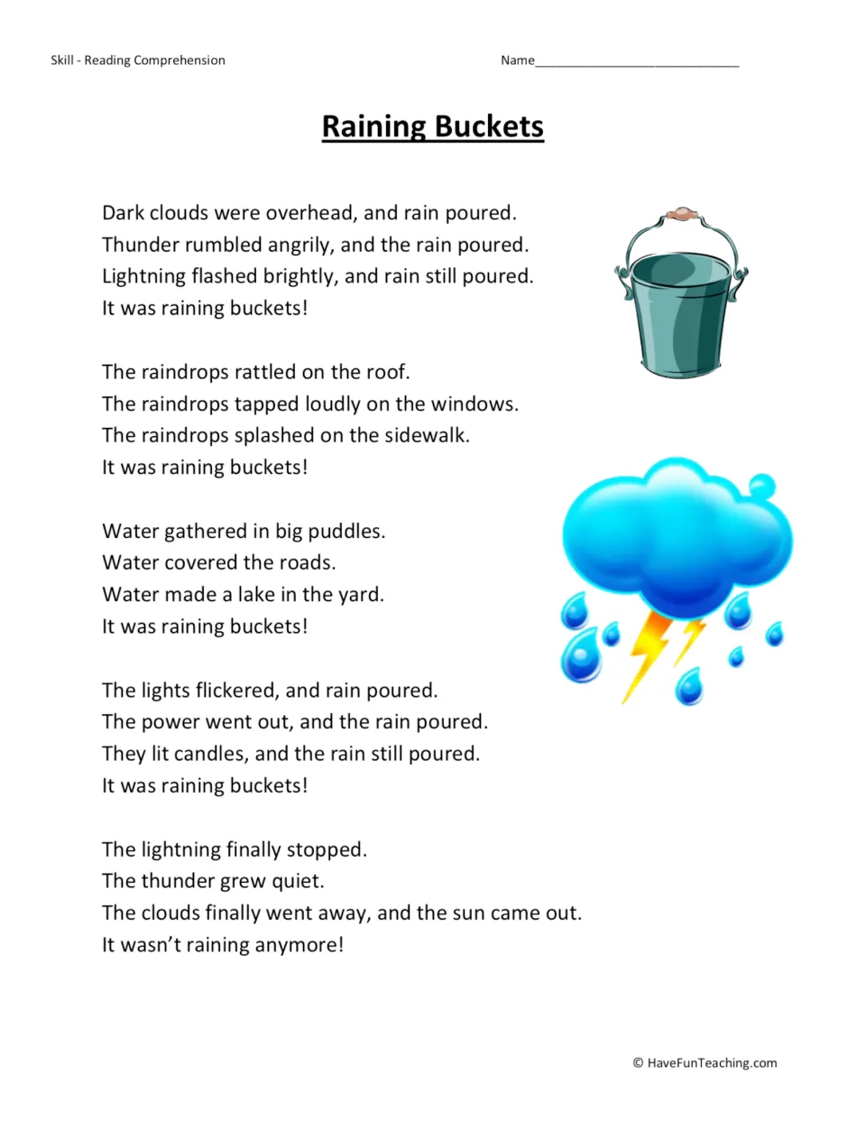 Reading poem about a rainstorm, from dark clouds and pouring rain to a power outage and the sun coming out.