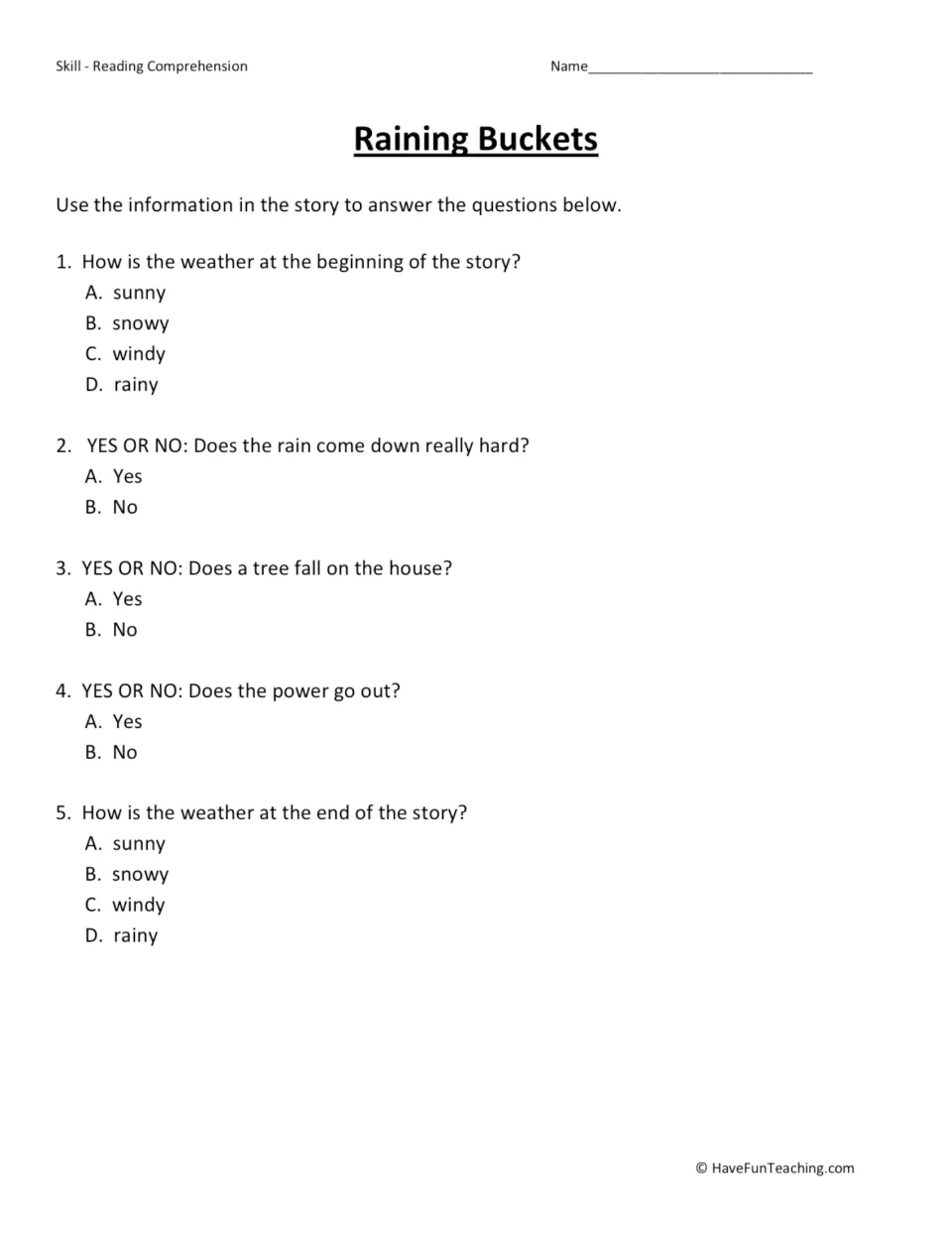 Five comprehension questions about the storm's beginning, heavy rain, a fallen tree, power loss, and ending.