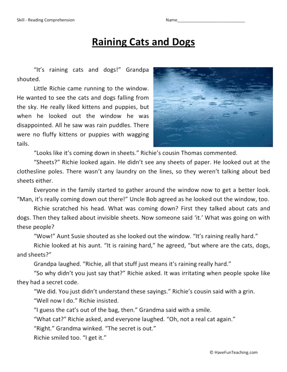 Reading passage: Richie mistakes sayings about heavy rain for real cats, dogs, and sheets before learning idioms.