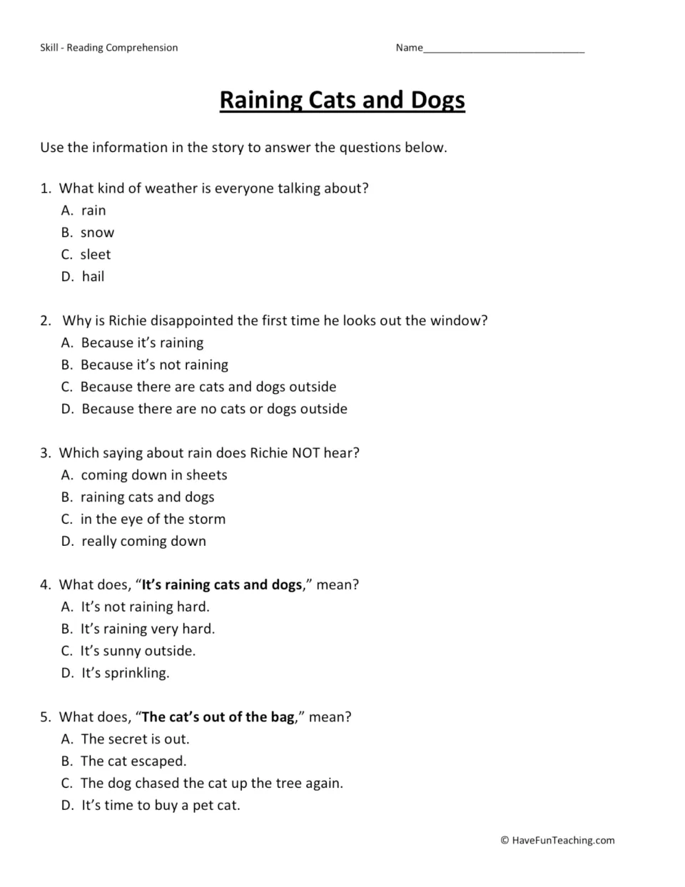 Five comprehension questions about the rain, Richie's disappointment, and the meanings of two idioms.