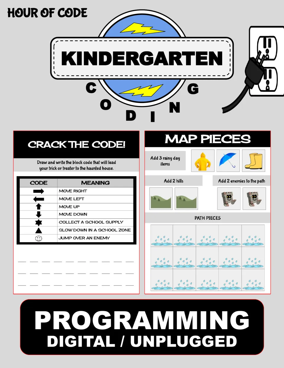 Hour of Code Kindergarten Coding cover for digital/unplugged programming, previewing a Crack the Code chart and map pieces