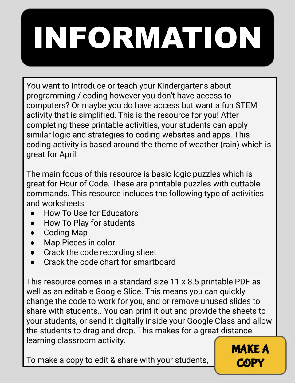 Information page: a rain-themed coding resource of logic puzzles, listing its how-to pages, coding map and code sheets