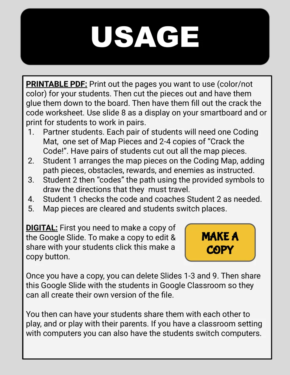 Usage steps: one partner builds a path on the coding map, then the other codes it with direction symbols