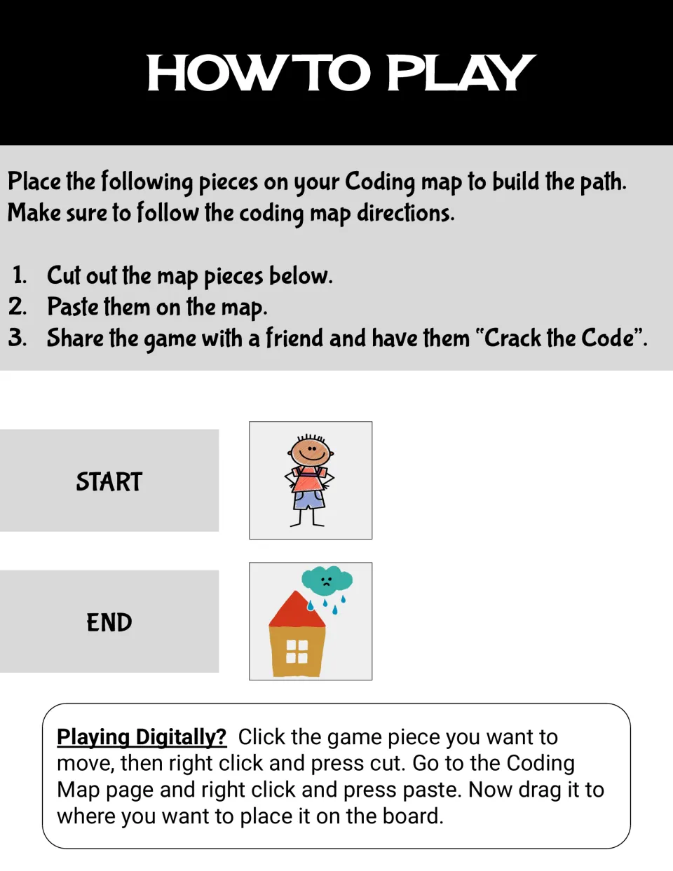 How to Play: students cut out map pieces, paste them to build a path, and start with a kid piece and end at a rainy house