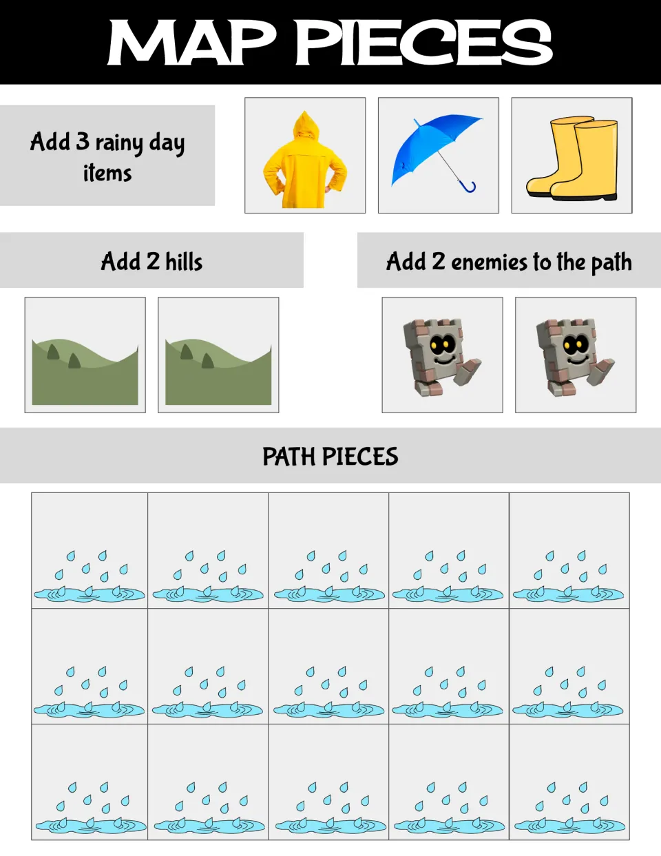 Map pieces to cut out: raincoat, umbrella and boots as rainy day items, 2 hills, 2 block enemies and 15 puddle path pieces