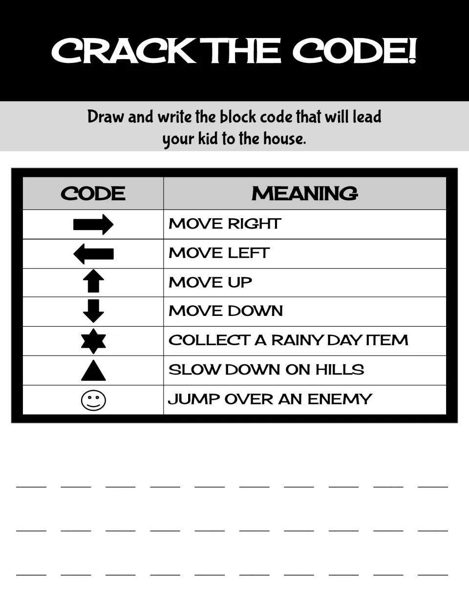 Crack the Code! recording sheet: students write the arrow and symbol block code that leads the kid to the house