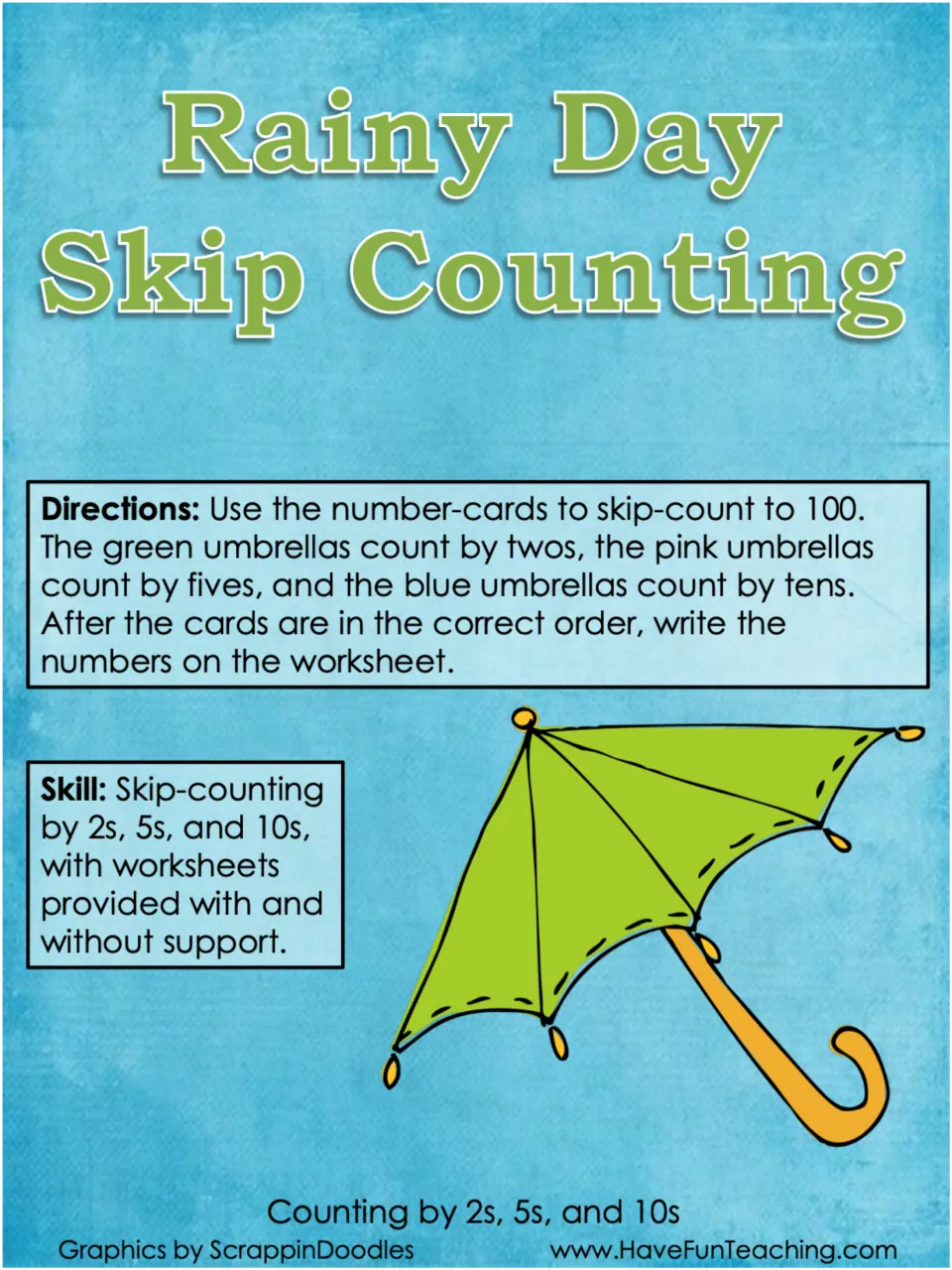 Rainy Day Skip Counting Activity cover: directions for ordering cards by 2s, 5s, and 10s to 100