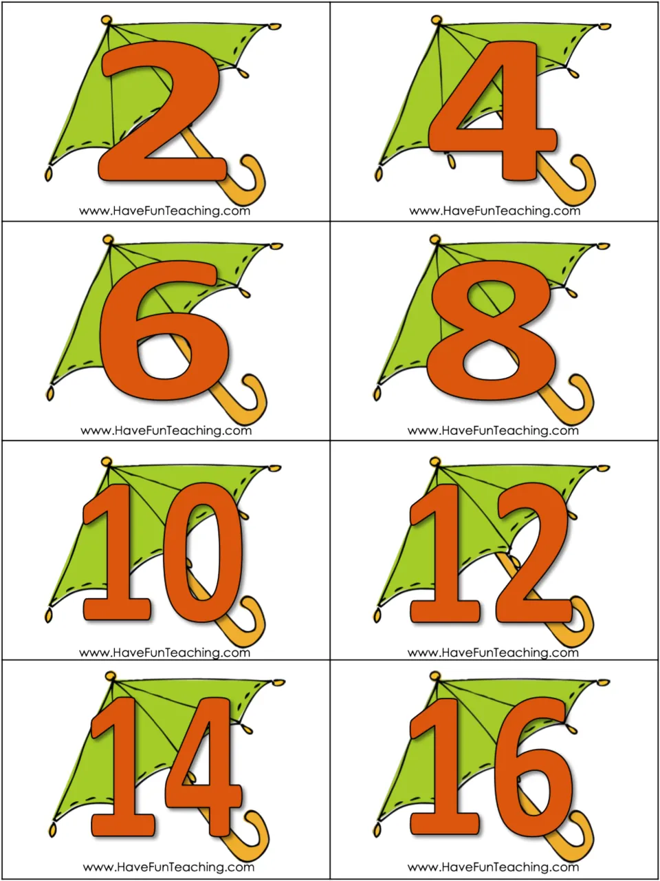 Skip-counting cards for 2s: eight green umbrella cards showing 2, 4, 6, 8, 10, 12, 14, and 16