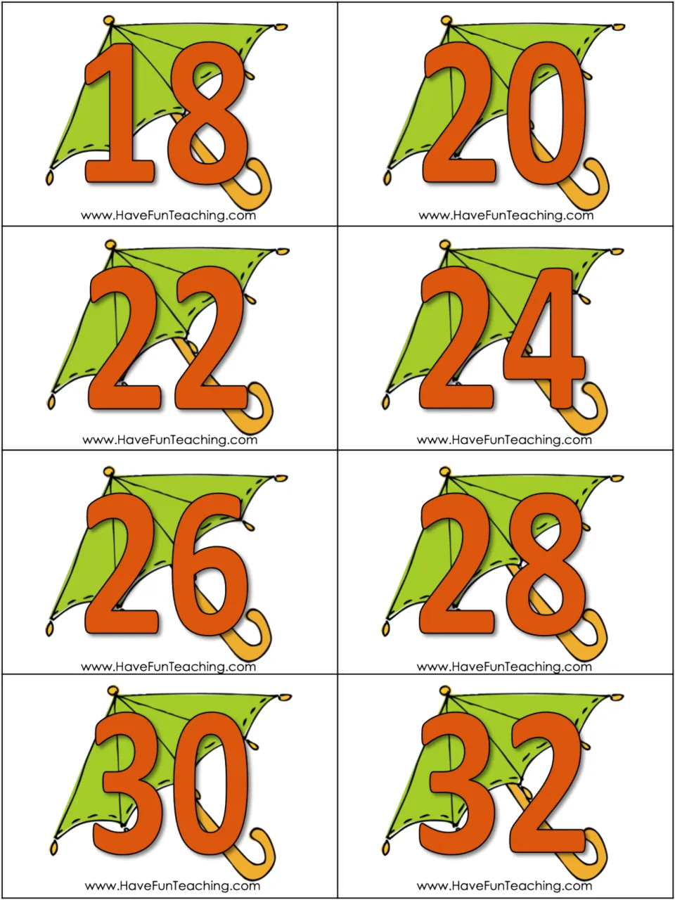 Skip-counting cards for 2s: eight green umbrella cards showing 18, 20, 22, 24, 26, 28, 30, and 32