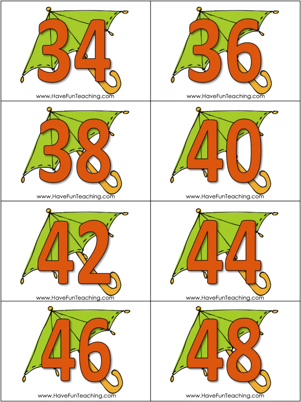 Skip-counting cards for 2s: eight green umbrella cards showing 34, 36, 38, 40, 42, 44, 46, and 48