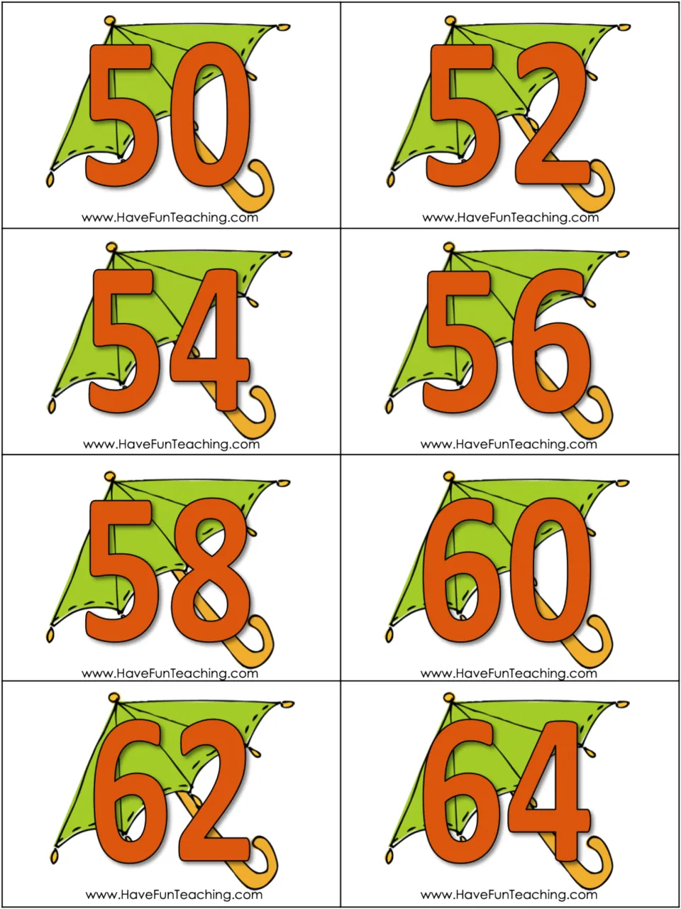Skip-counting cards for 2s: eight green umbrella cards showing 50, 52, 54, 56, 58, 60, 62, and 64