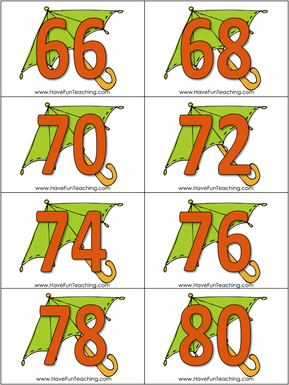 Skip-counting cards for 2s: eight green umbrella cards showing 66, 68, 70, 72, 74, 76, 78, and 80
