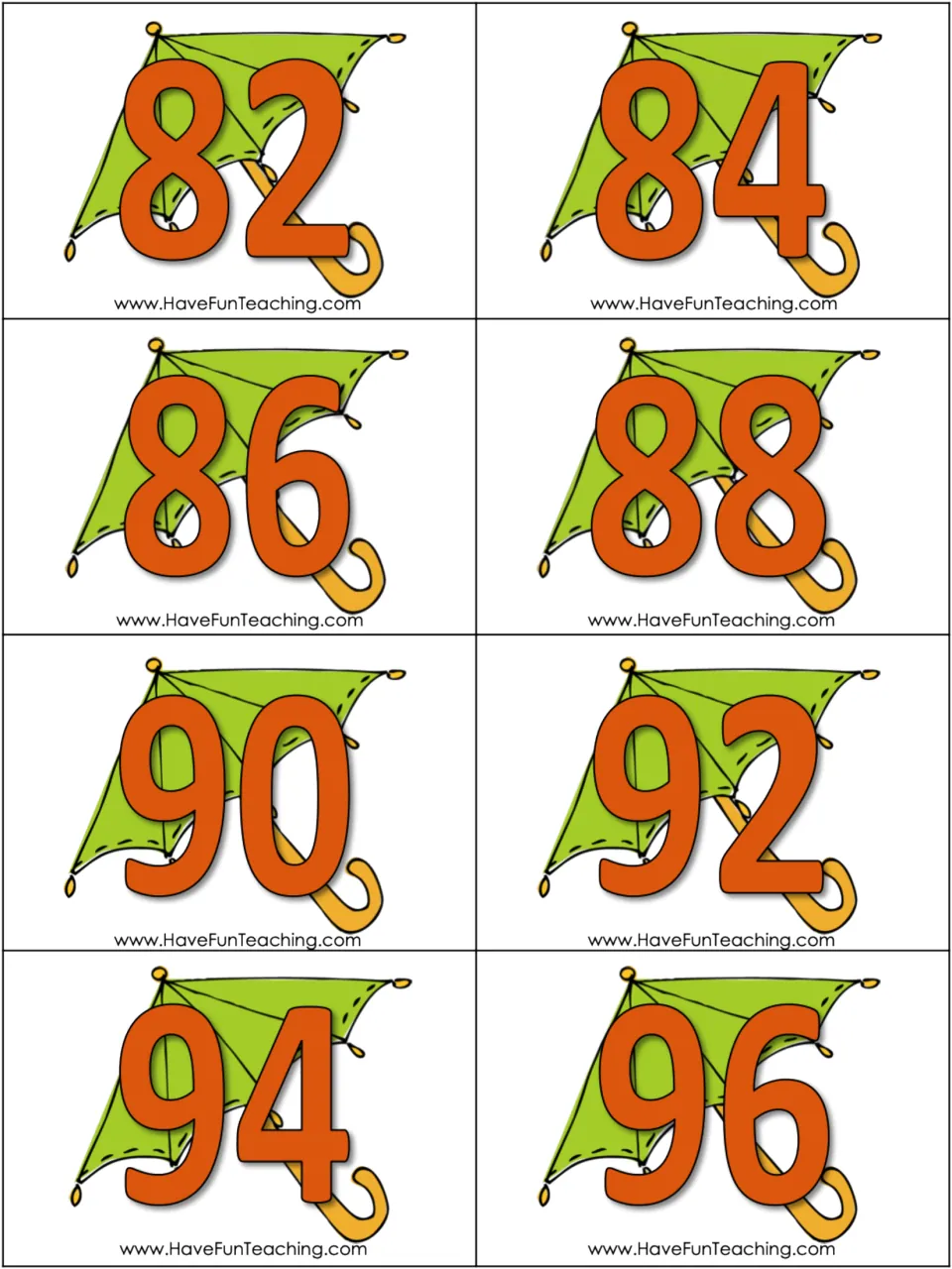Skip-counting cards for 2s: eight green umbrella cards showing 82, 84, 86, 88, 90, 92, 94, and 96