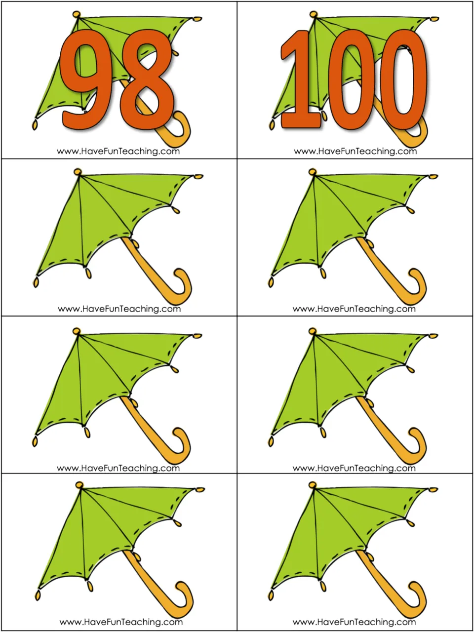 Final counting-by-2s card sheet: green umbrella cards numbered 98 and 100, plus six blank umbrella cards