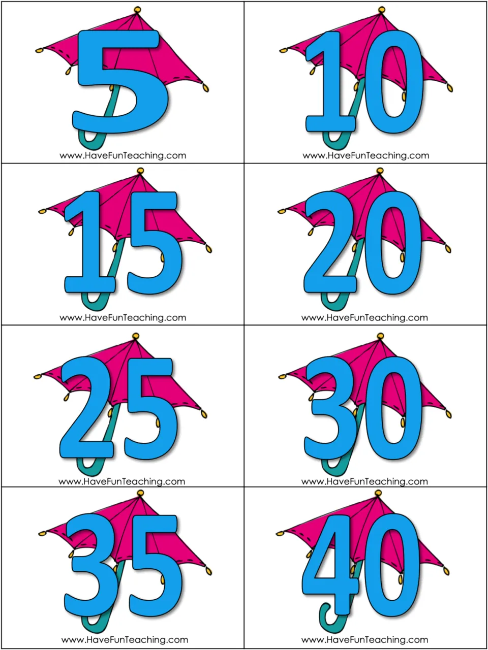 Skip-counting cards for 5s: eight pink umbrella cards showing 5, 10, 15, 20, 25, 30, 35, and 40