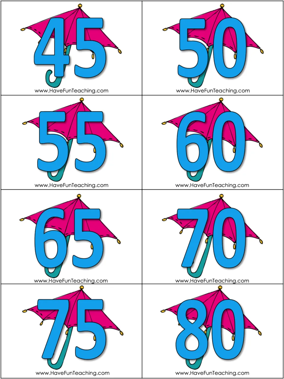 Skip-counting cards for 5s: eight pink umbrella cards showing 45, 50, 55, 60, 65, 70, 75, and 80