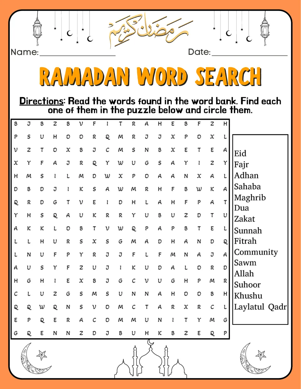 Ramadan word search 2 asks students to find 15 terms, including Eid, Fajr, Adhan, Sahaba, and Laylatul Qadr.