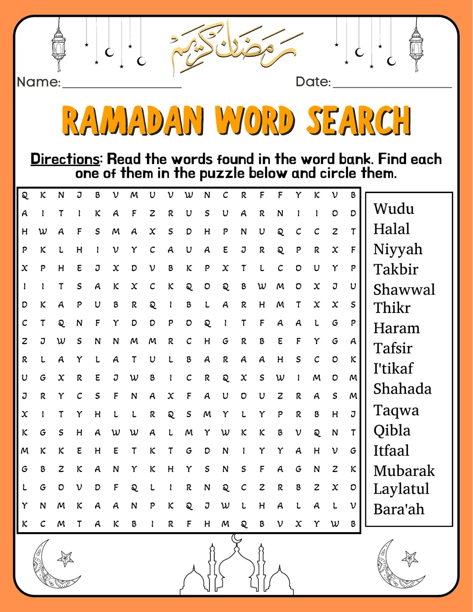 Ramadan word search 3 includes Wudu, Halal, Niyyah, Takbir, Shawwal, and ten more terms to find and circle.