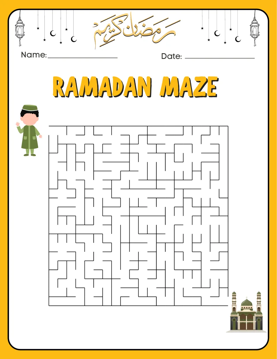 Ramadan maze 1 shows a boy at the entrance and a mosque at the exit, with a winding route to trace.