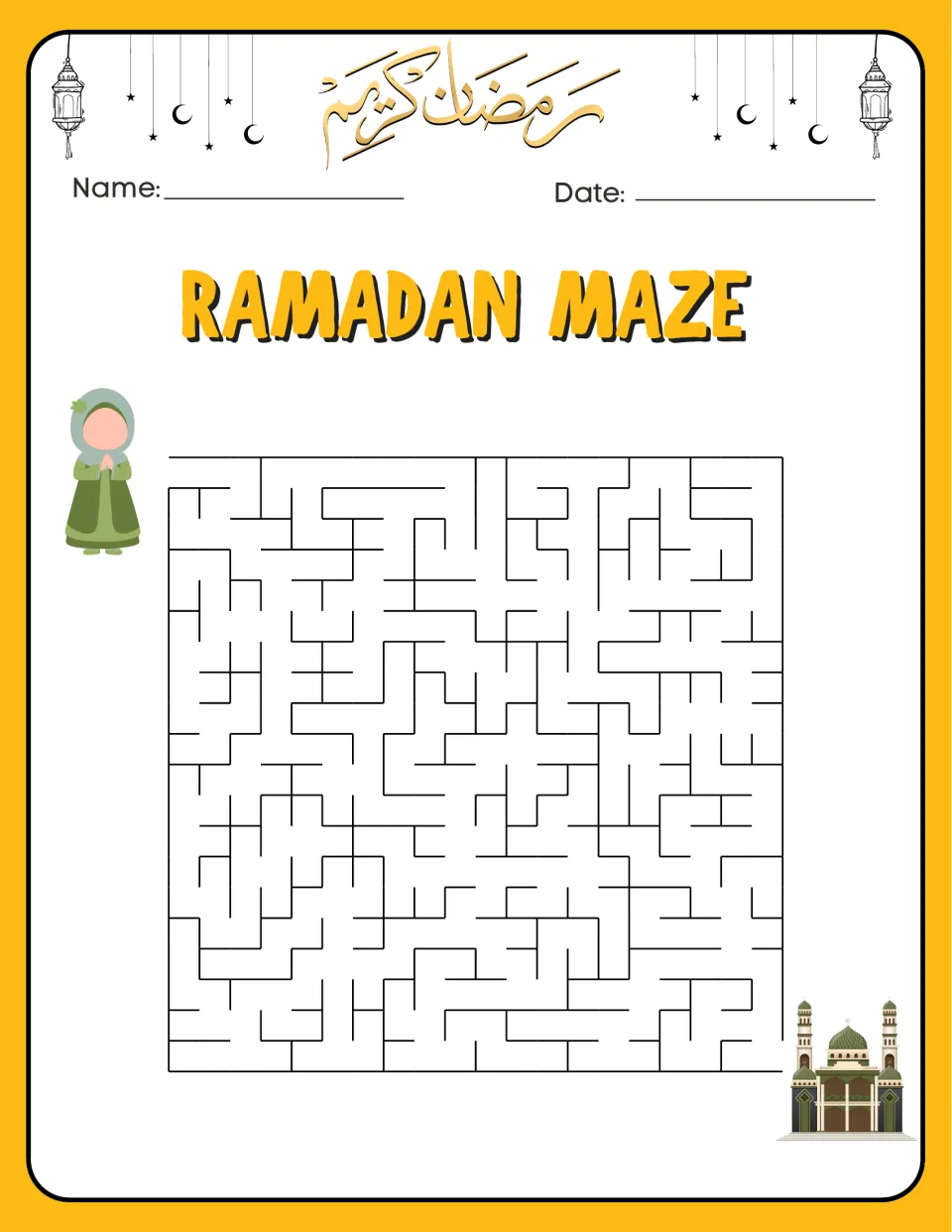 Ramadan maze 2 shows a girl at the entrance and a mosque at the exit, with a different route to trace.