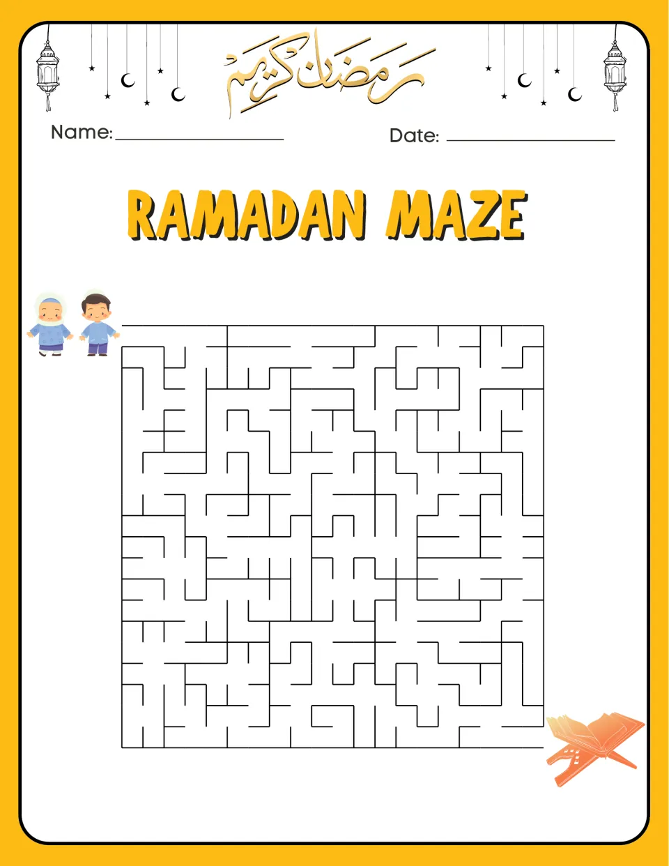 Ramadan maze 3 shows two children at the entrance and an open Quran on a stand beside the maze's exit.