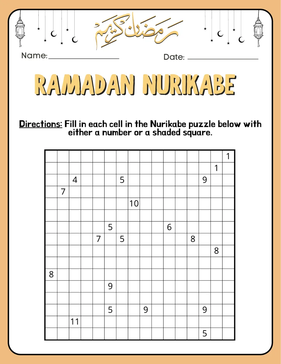 Ramadan Nurikabe puzzle 1 has number clues from 1 to 11 and asks students to fill cells or shade squares.