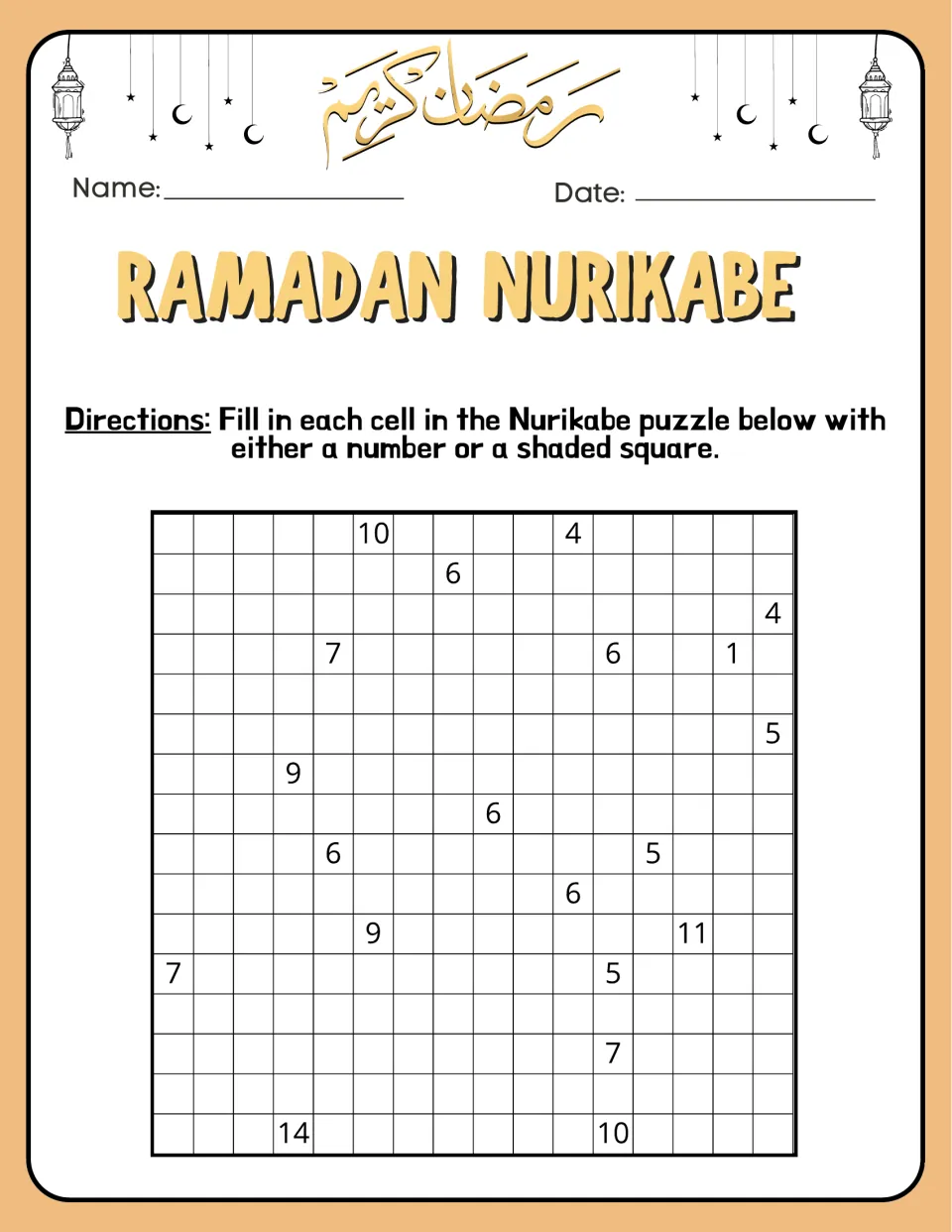 Ramadan Nurikabe puzzle 2 has number clues from 1 to 14 and asks students to fill cells or shade squares.