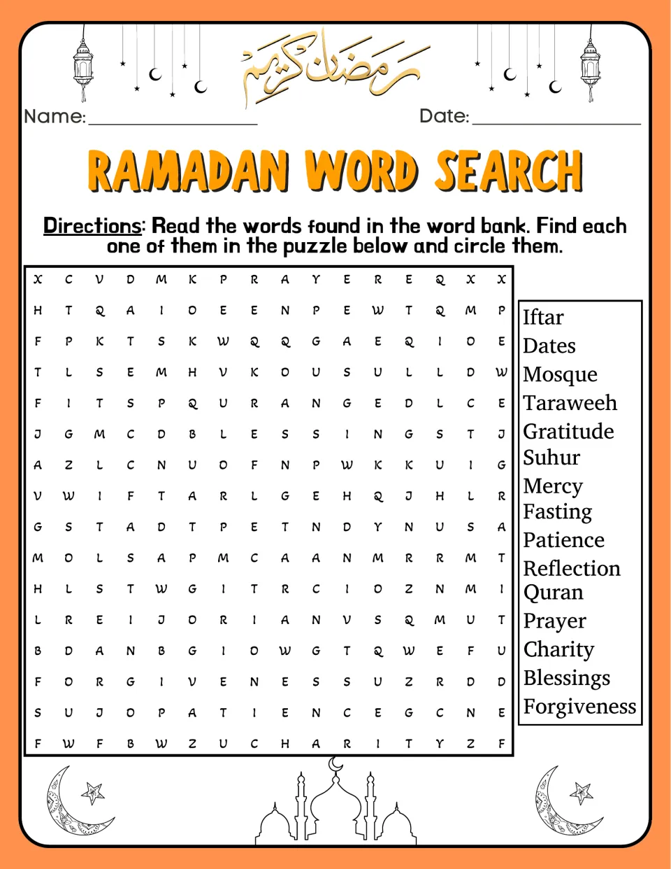 Ramadan word search 1 of 3: find Iftar, Dates, Mosque, Taraweeh, Gratitude, Suhur and nine more words.