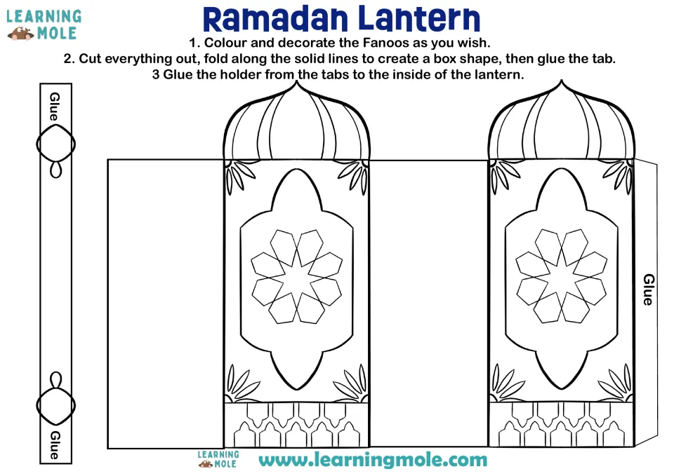 Ramadan lantern craft template with a holder and instructions to color, cut, fold, and glue the lantern.