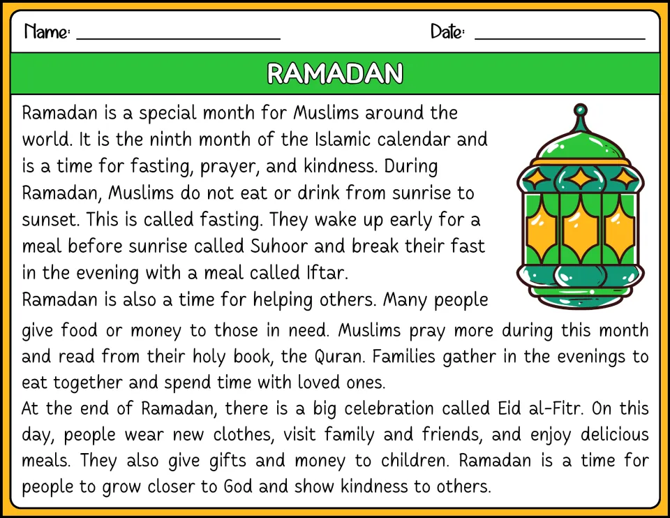 Ramadan reading passage in color: students read about fasting, Suhoor, Iftar, the Quran and Eid al-Fitr, with a lantern