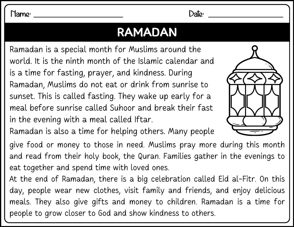 Black-and-white Ramadan passage explaining fasting from sunrise to sunset, Suhoor, Iftar, giving to others and Eid al-Fitr